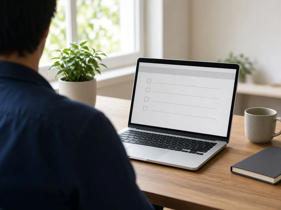 Person reviewing a laptop maintenance checklist in a bright home office.