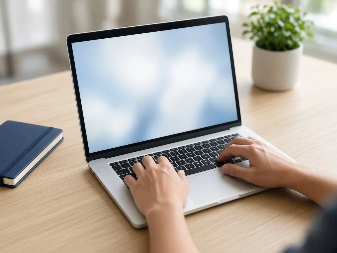 Hands typing on a laptop keyboard during a Mac performance review on a sunlit desk.