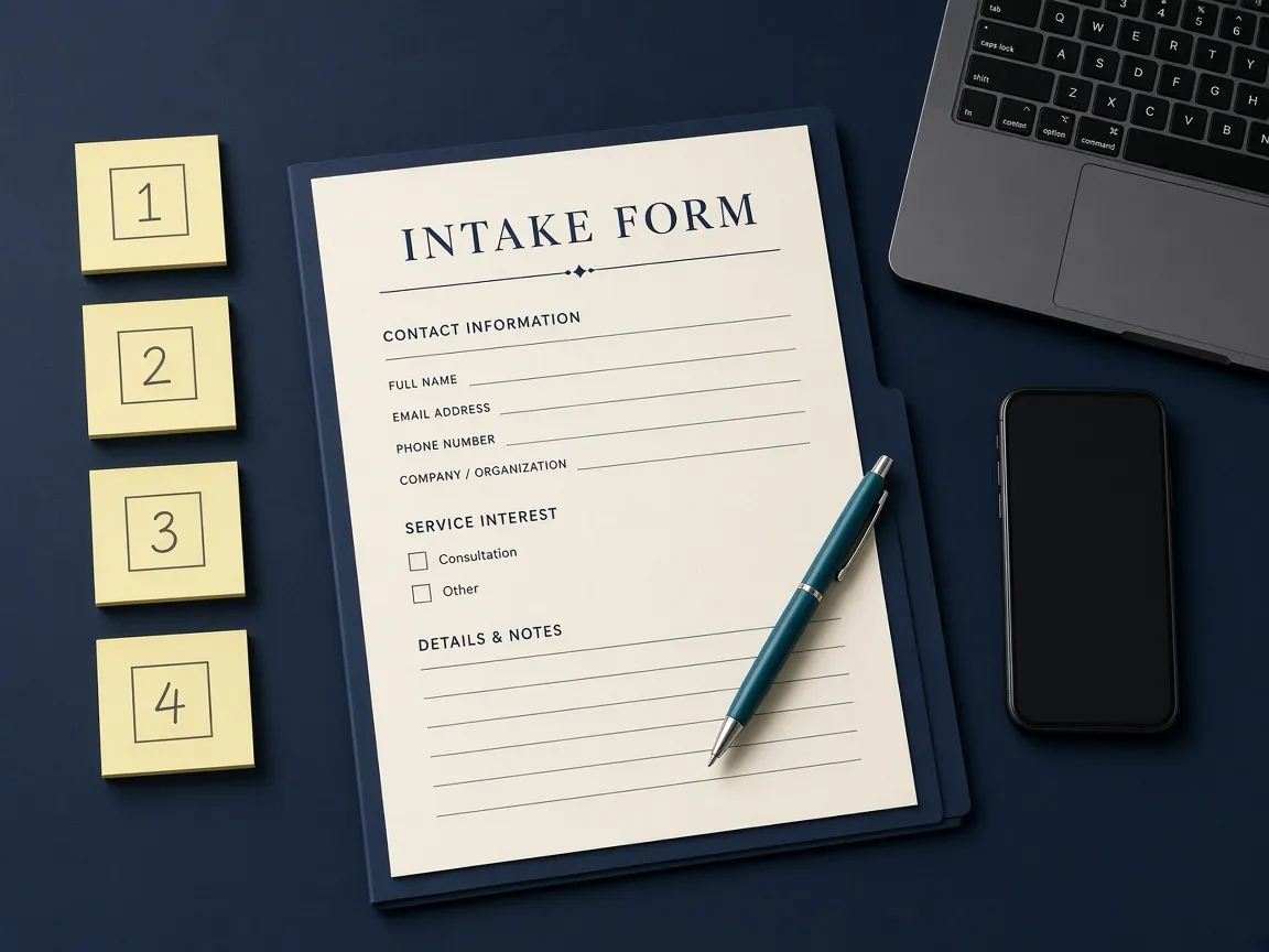 Desk with a blank intake form, pen, laptop keyboard, and numbered notes for a service process.