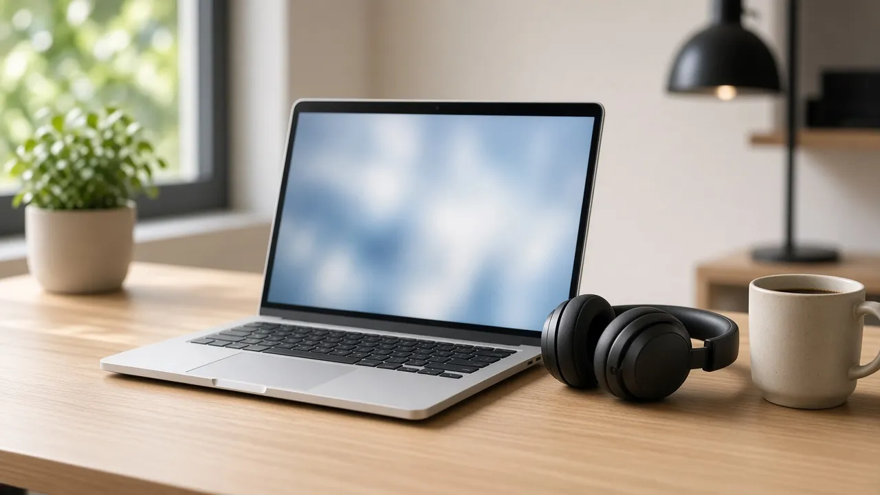 Laptop and headphones on a desk ready for a remote technology consultation.